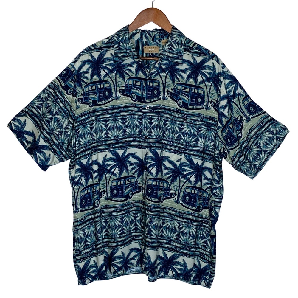 Natural Issue Mens Hawaiian Camp Shirt Large Woody Wagon Palm Tree Aloha Beach